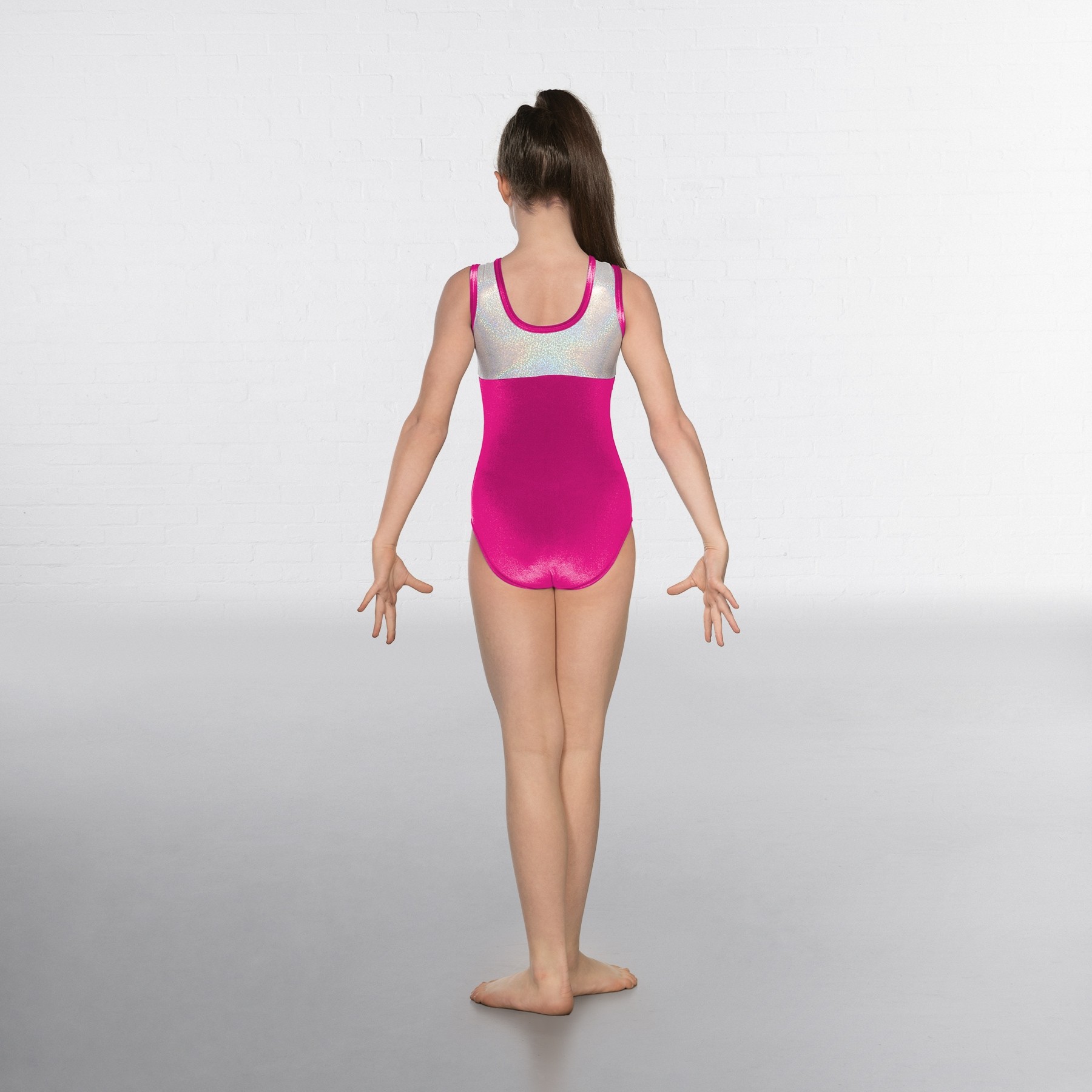 1st Position - Maillot Sin Manga de Velvetón y Tela Holográfica "Taylor" (Cerise / Silver)